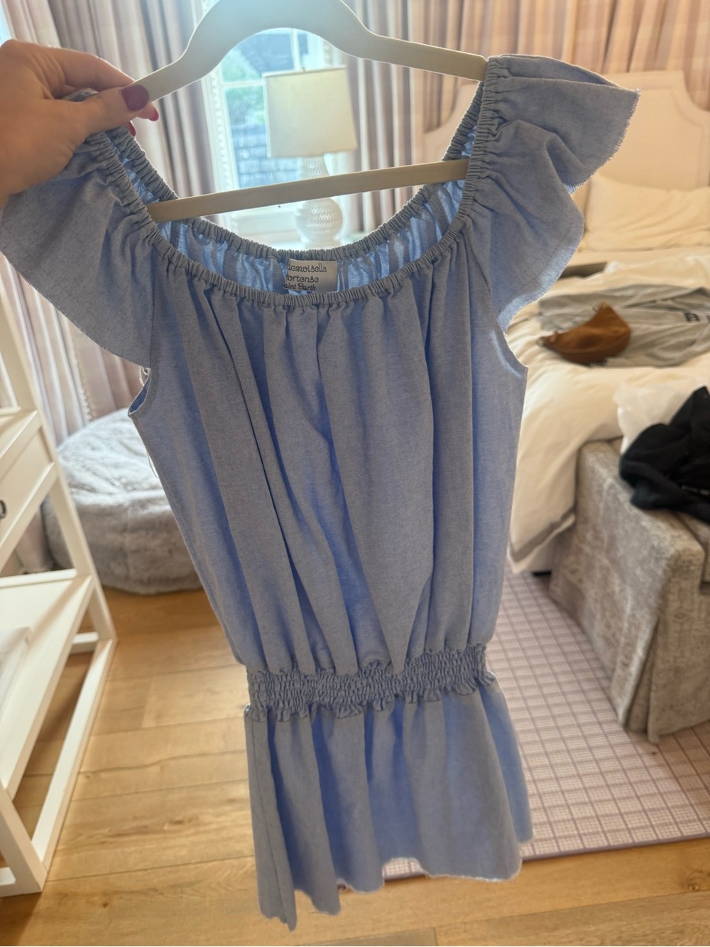 Light Blue Off-Shoulder Smocked Waist Mini Dress